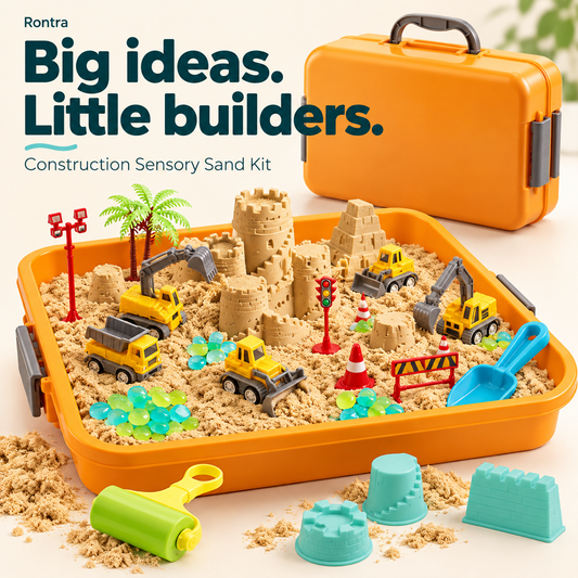 Rontra Construction Sensory Sand Kit with Glow-in-the-Dark Pebbles, Castle Molds & Carry Case, Toddler Sandbox Toy for Ages 3+