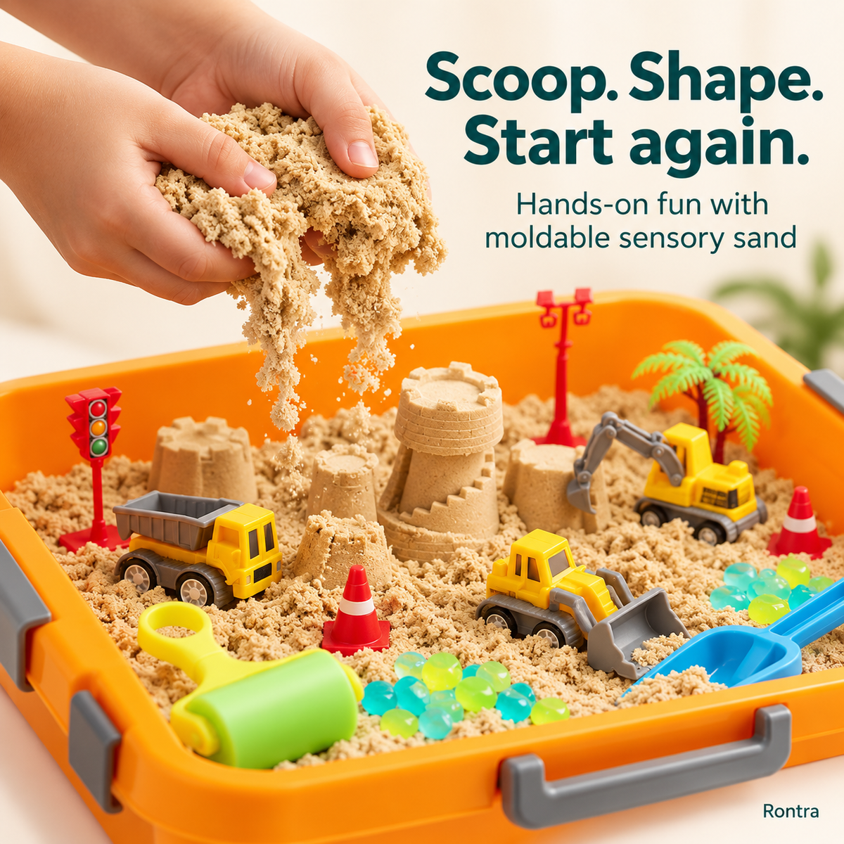 Rontra Construction Sensory Sand Kit with Glow-in-the-Dark Pebbles, Castle Molds & Carry Case, Toddler Sandbox Toy for Ages 3+