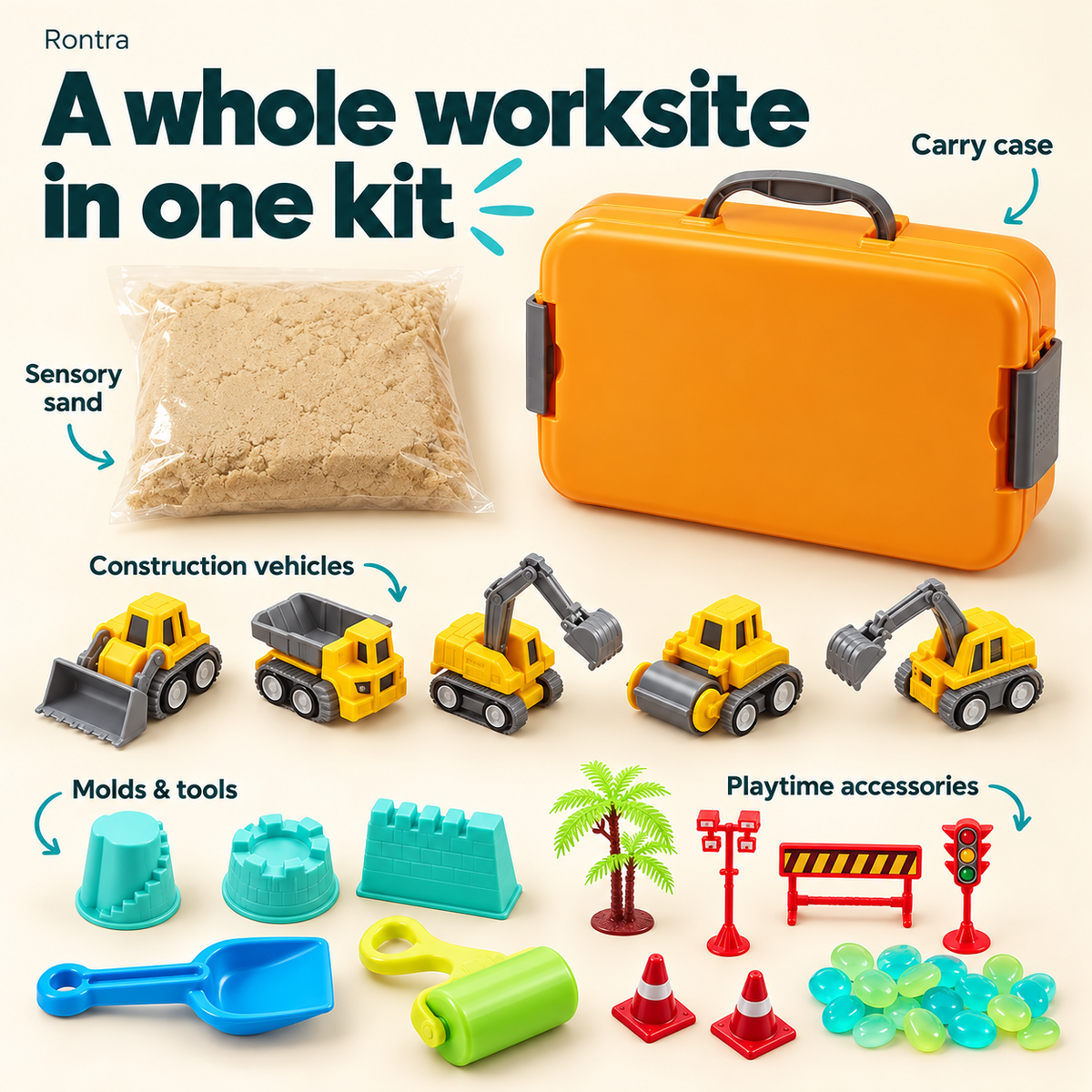 Rontra Construction Sensory Sand Kit with Glow-in-the-Dark Pebbles, Castle Molds & Carry Case, Toddler Sandbox Toy for Ages 3+