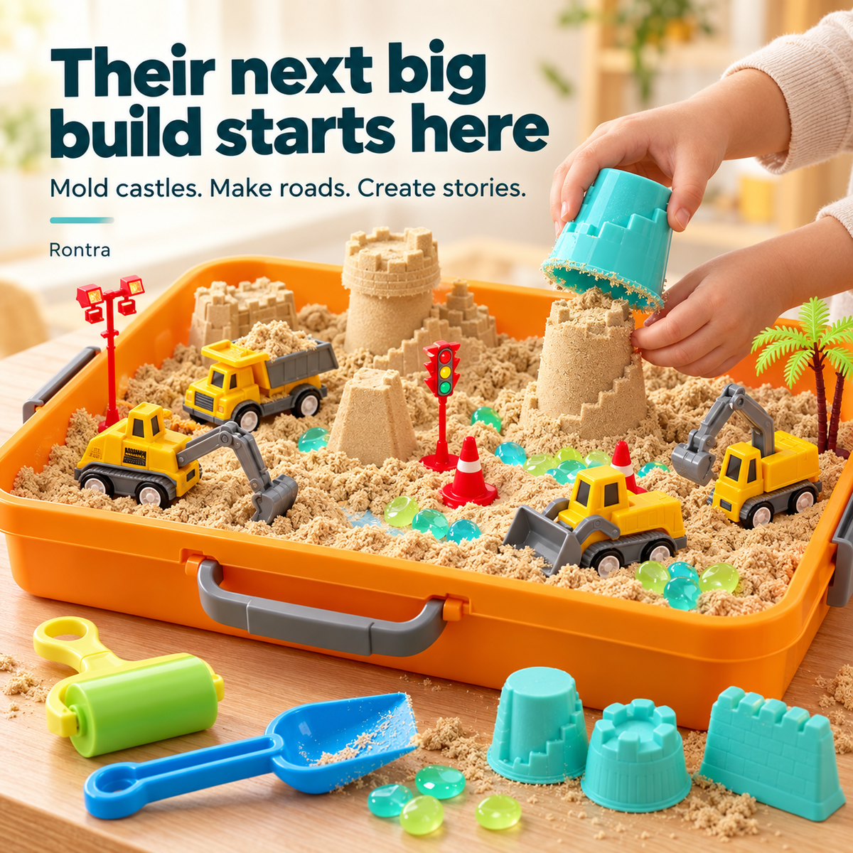 Rontra Construction Sensory Sand Kit with Glow-in-the-Dark Pebbles, Castle Molds & Carry Case, Toddler Sandbox Toy for Ages 3+