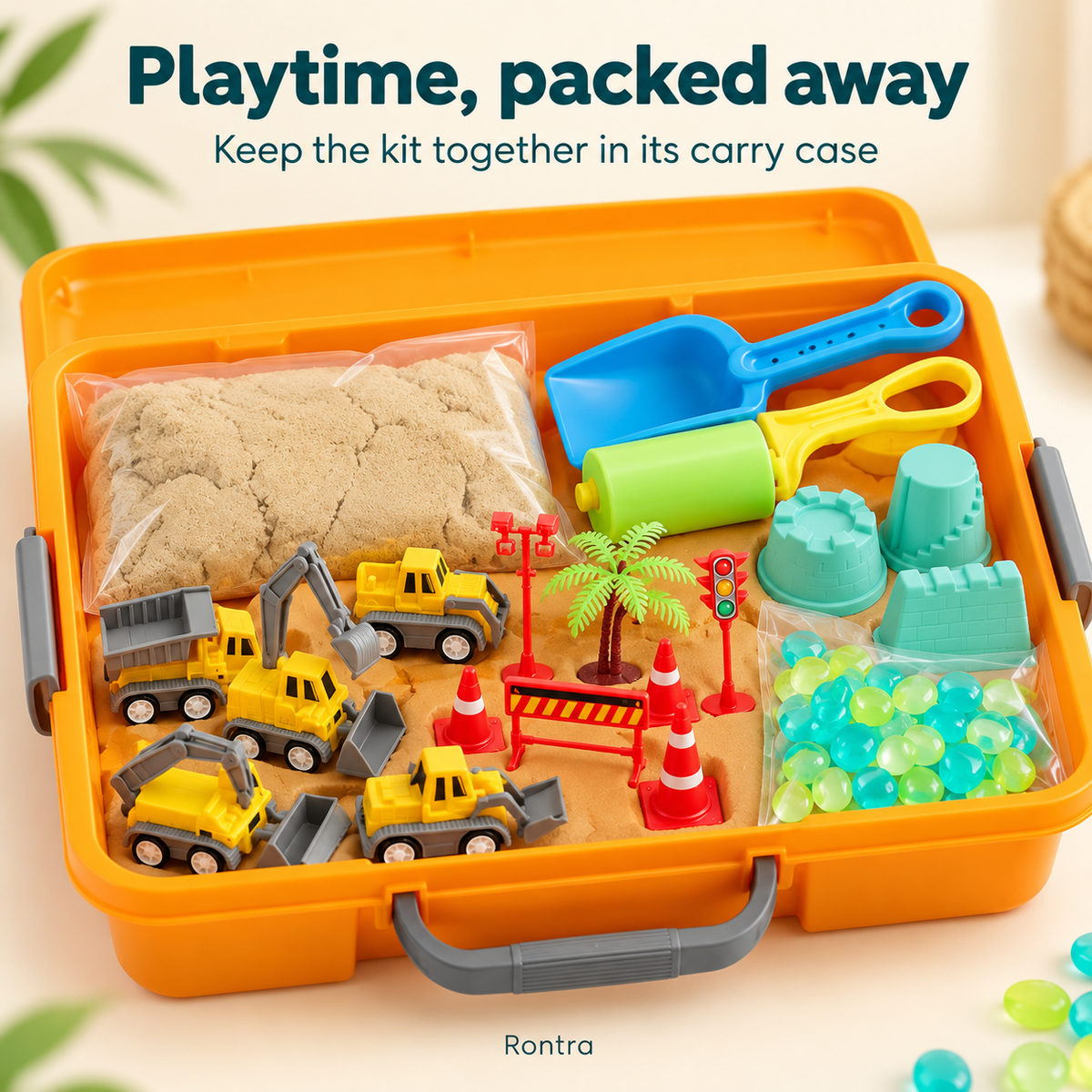 Rontra Construction Sensory Sand Kit with Glow-in-the-Dark Pebbles, Castle Molds & Carry Case, Toddler Sandbox Toy for Ages 3+