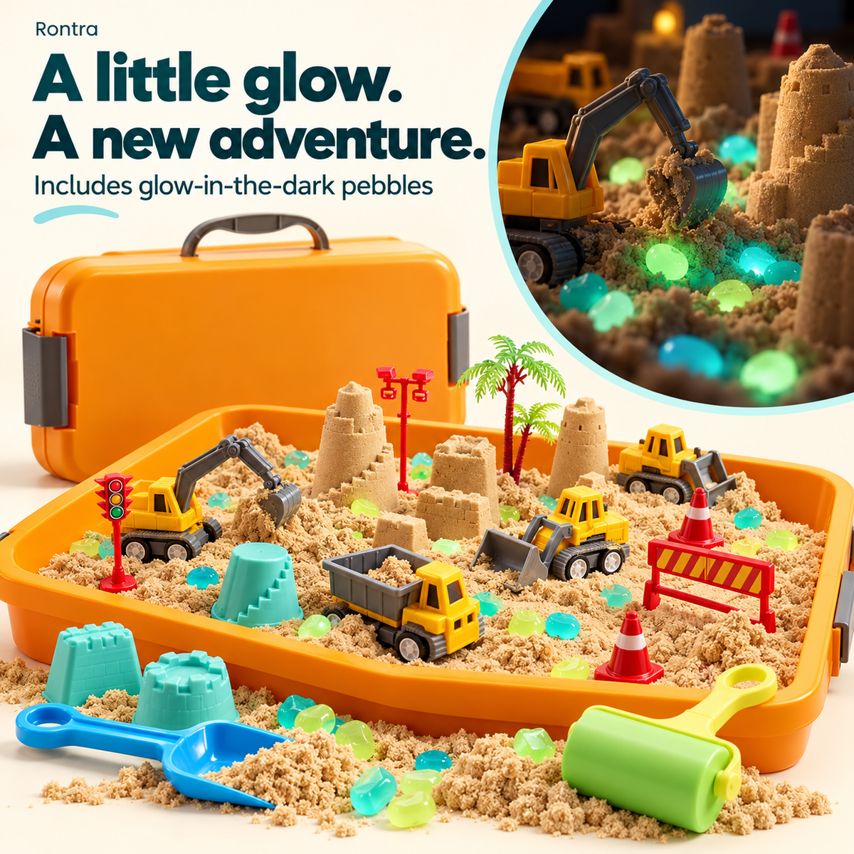 Rontra Construction Sensory Sand Kit with Glow-in-the-Dark Pebbles, Castle Molds & Carry Case, Toddler Sandbox Toy for Ages 3+