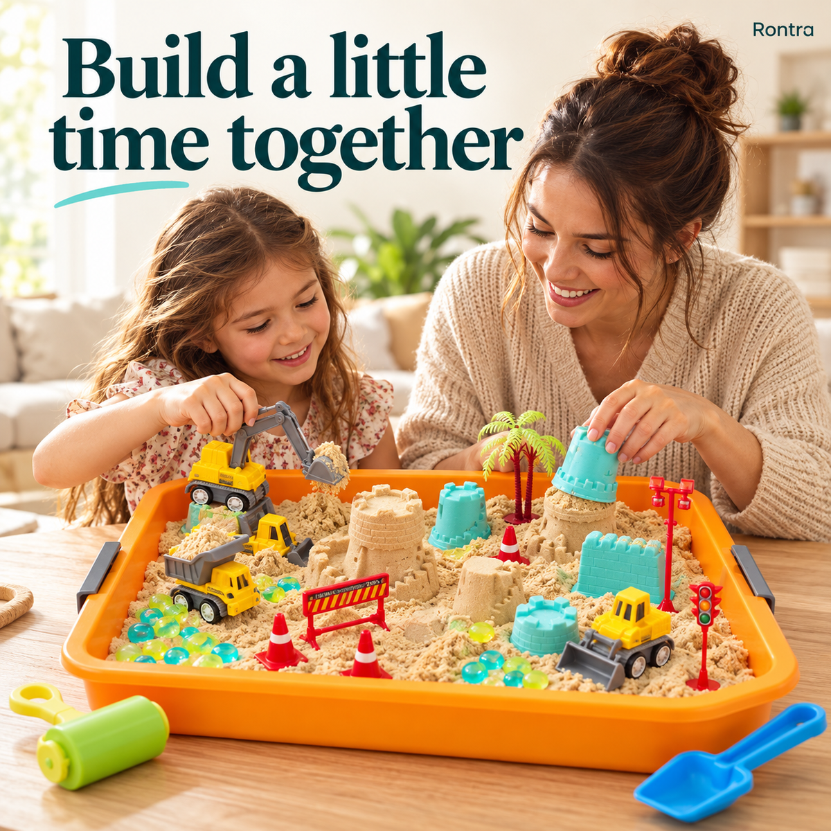 Rontra Construction Sensory Sand Kit with Glow-in-the-Dark Pebbles, Castle Molds & Carry Case, Toddler Sandbox Toy for Ages 3+