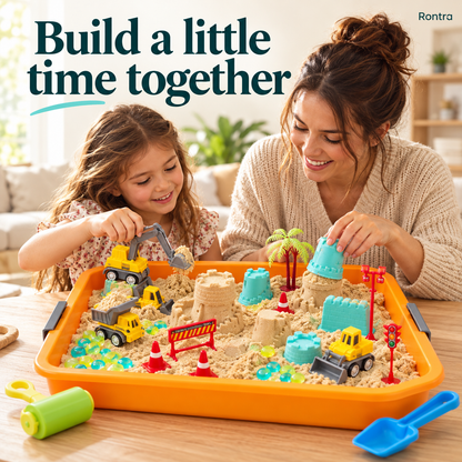 Rontra Construction Sensory Sand Kit with Glow-in-the-Dark Pebbles, Castle Molds & Carry Case, Toddler Sandbox Toy for Ages 3+