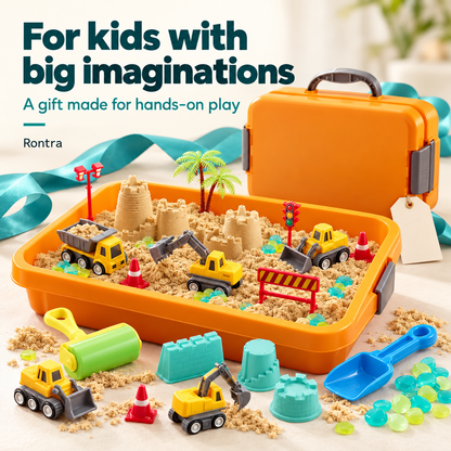Rontra Construction Sensory Sand Kit with Glow-in-the-Dark Pebbles, Castle Molds & Carry Case, Toddler Sandbox Toy for Ages 3+